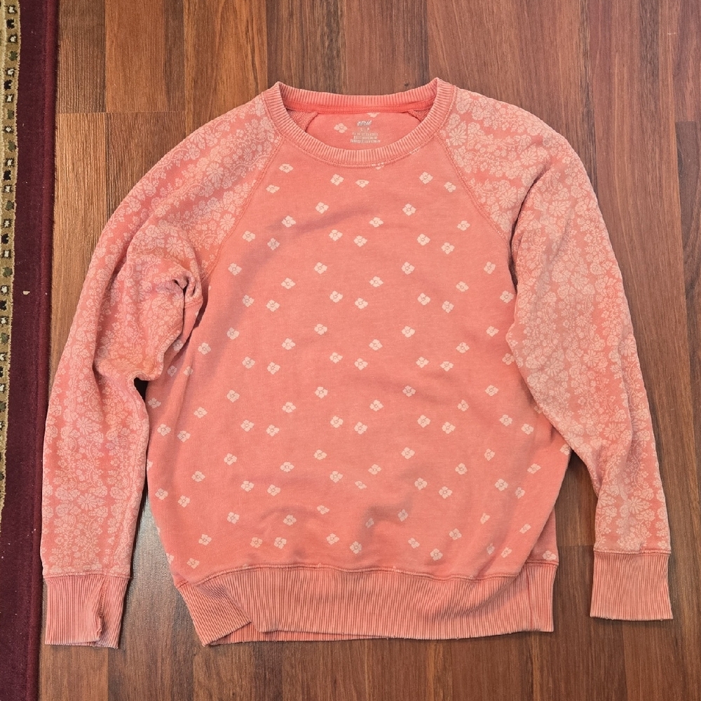 🧡 Aerie Coral Patterned Crewneck Sweater | Ribbed Trim | Size Small